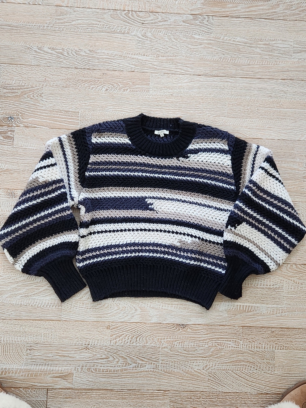 Striped Crewneck Sweater in Black, Cream & Navy/Grey